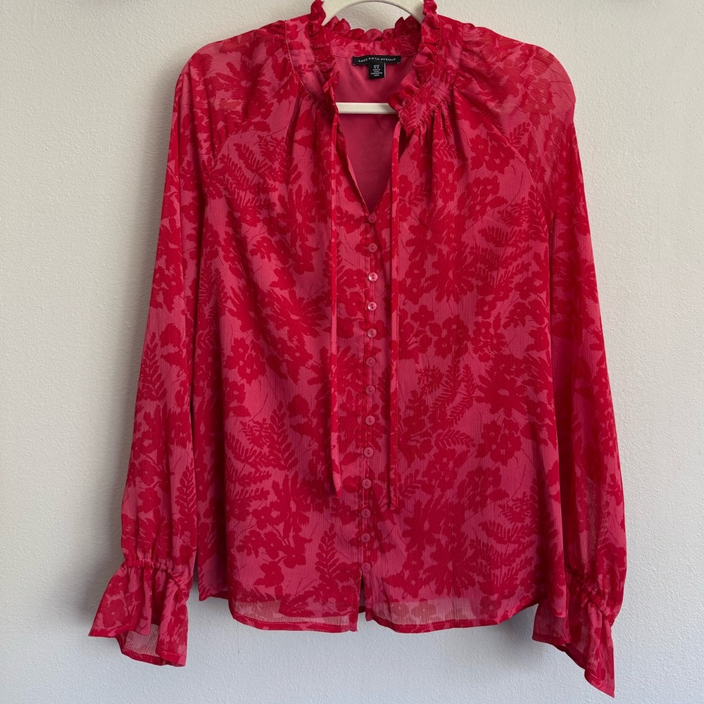 Saks Fifth Avenue Red Floral Tie-Neck Blouse